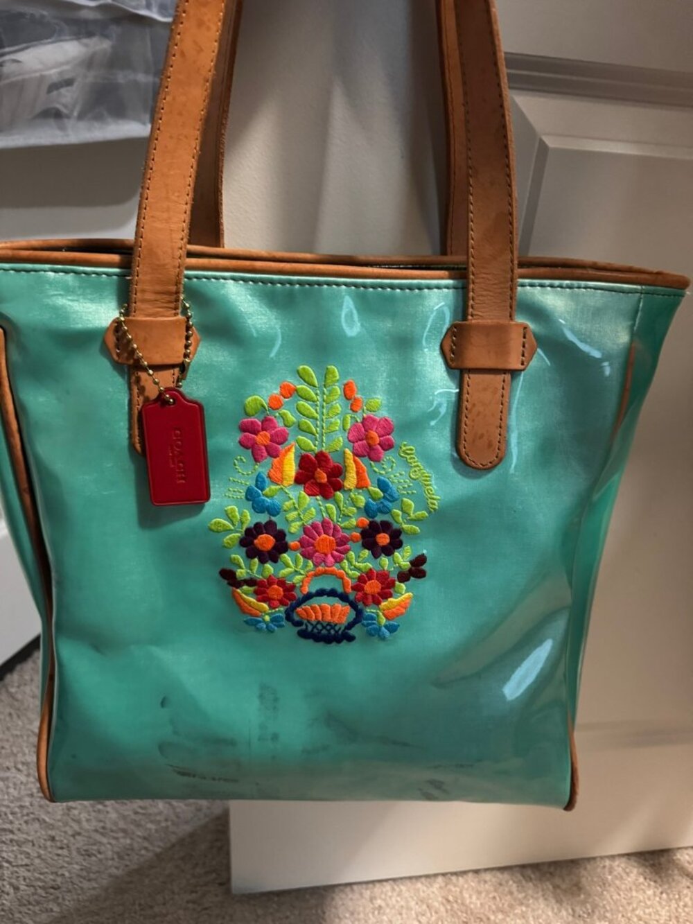 Consuela Riley Classic Tote Teal Embroidered Floral + Red Coach Keychain
